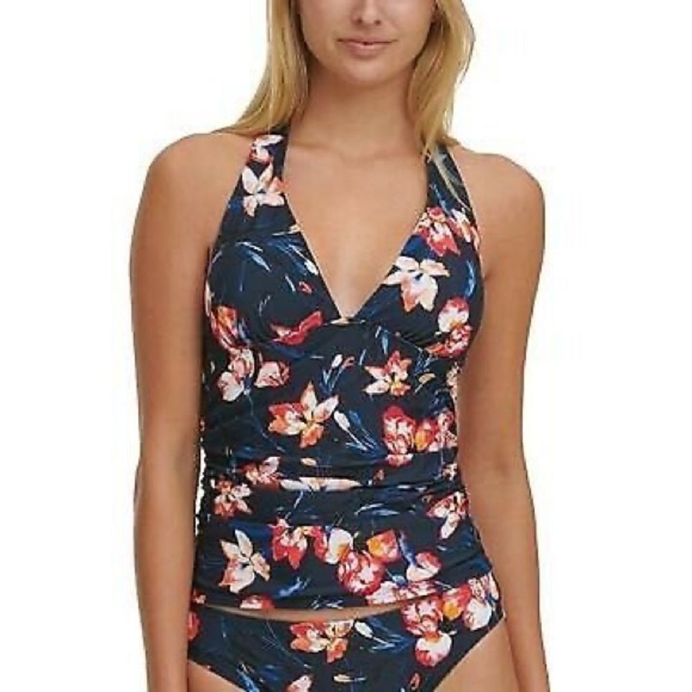 Tommy Hilfiger Navy Coral Water Iris Floral-Print Tankini Swim Top XS NWT